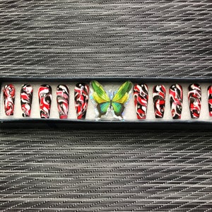 Coffin Red, Black and White Marble Press On Nails with a Touch of Bling