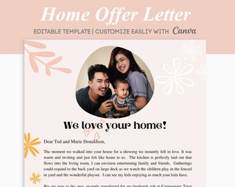 Cute Home buyer offer love letter, Boho Pink Bohemian Home Offer Letter Template, Dear Seller love your home letter, Canva Template HLL041