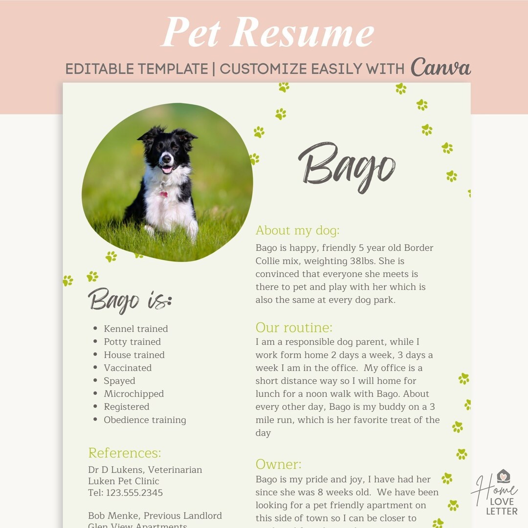 Pet Resume Rental Application Real Estate Letter Renting Pet Etsy Ireland