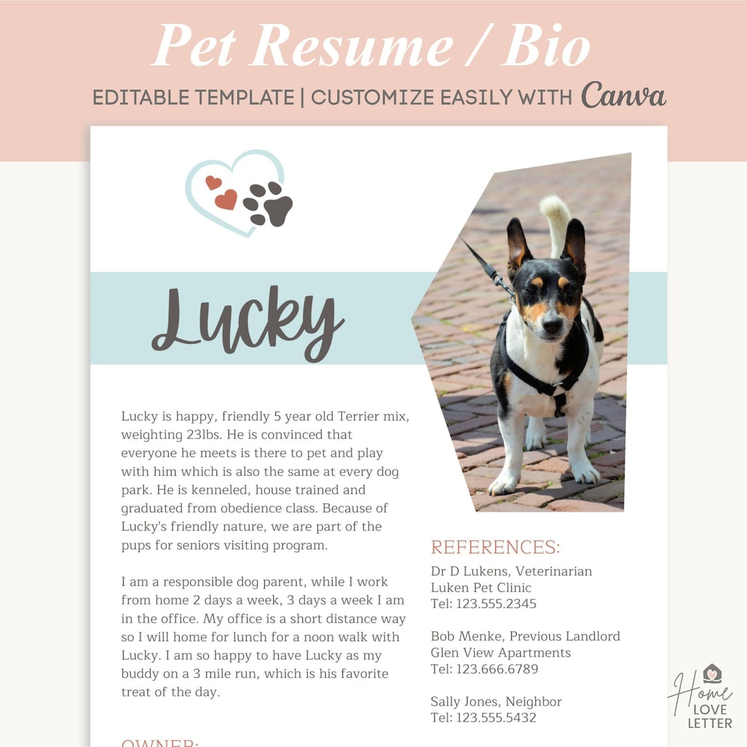 Dog Bio Resume Pet One Pager Renting Pet Profile Foster Cat Etsy