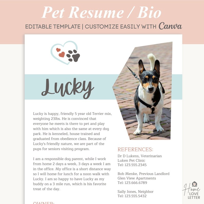 Dog Bio Resume Pet One Pager Renting Pet Profile Foster Cat Etsy
