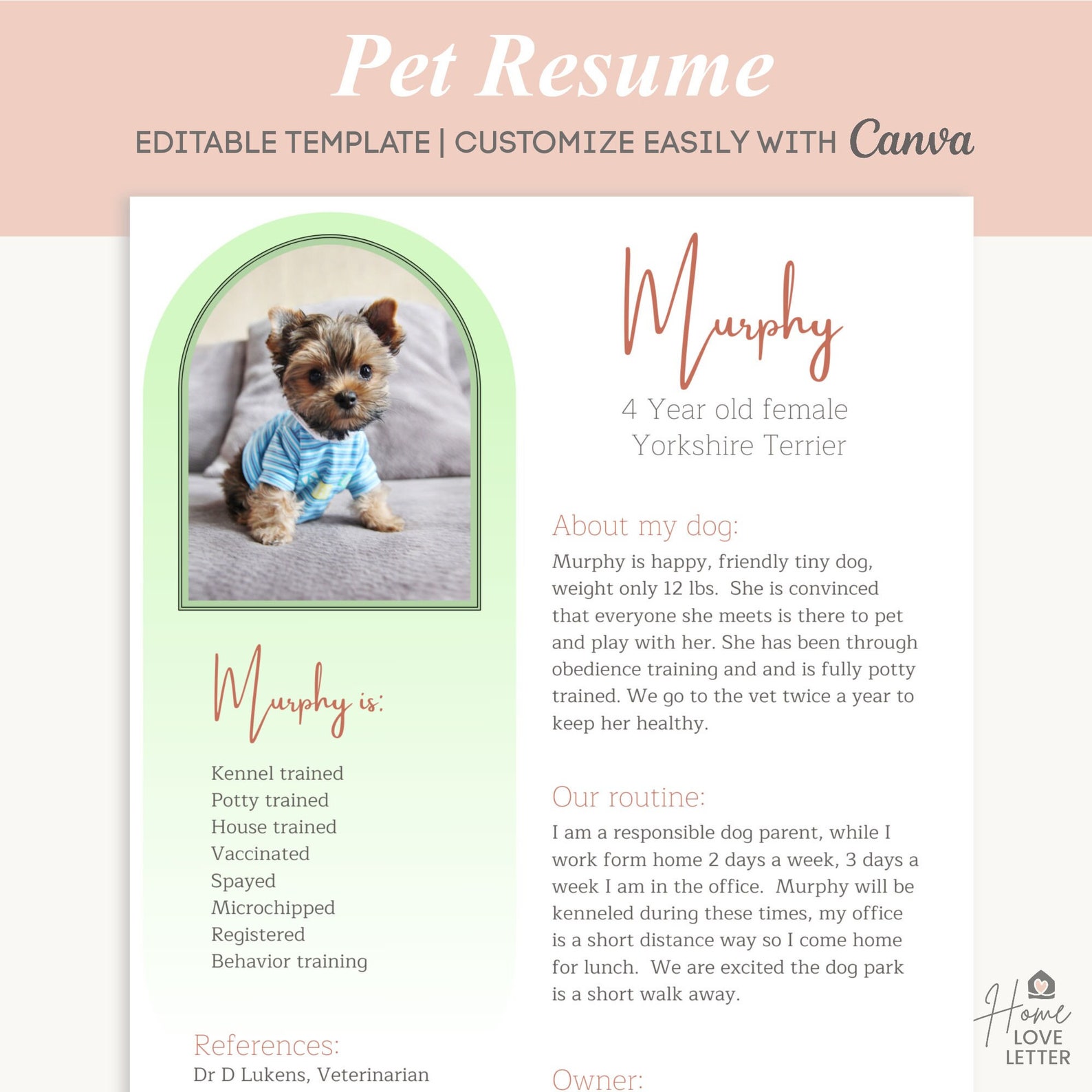 Pet Resume Rental Application Foster Dog Bio All About My Etsy