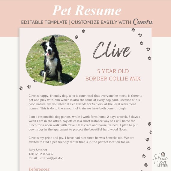 Dog Bio Resume Pet One Pager Renting Pet Profile Foster Cat Etsy UK