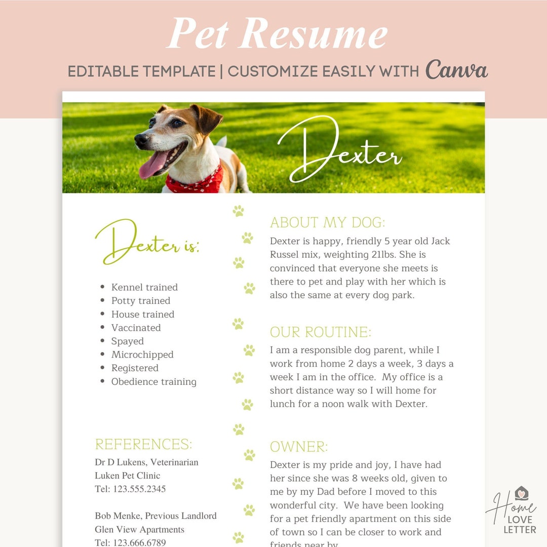 Pet Resume One Pager Rental Pet Profile Real Estate Pet Etsy