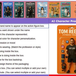 Pode incluir: Uma embalagem laranja de figura de a&ccedil;&atilde;o com um personal trainer chamado Tom Reeves. A embalagem inclui o texto "AI Character Prompt Builder" e instru&ccedil;&otilde;es de personaliza&ccedil;&atilde;o. A figura est&aacute; segurando um laptop e pesos.