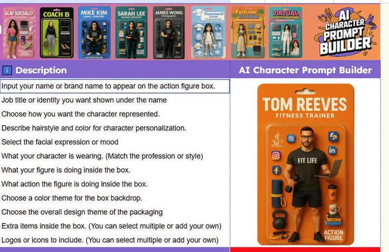 Pode incluir: Uma embalagem laranja de figura de a&ccedil;&atilde;o com um personal trainer chamado Tom Reeves. A embalagem inclui o texto "AI Character Prompt Builder" e instru&ccedil;&otilde;es de personaliza&ccedil;&atilde;o. A figura est&aacute; segurando um laptop e pesos.