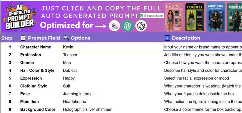 Pode incluir: Uma p&aacute;gina web roxa e branca chamada "AI Character Prompt Builder" com campos para detalhes do personagem. As op&ccedil;&otilde;es incluem nome, profiss&atilde;o, g&ecirc;nero, cor do cabelo, express&atilde;o, estilo de roupa, pose, item principal e cor de fundo. Otimizado para gera&ccedil;&atilde;o de prompts.