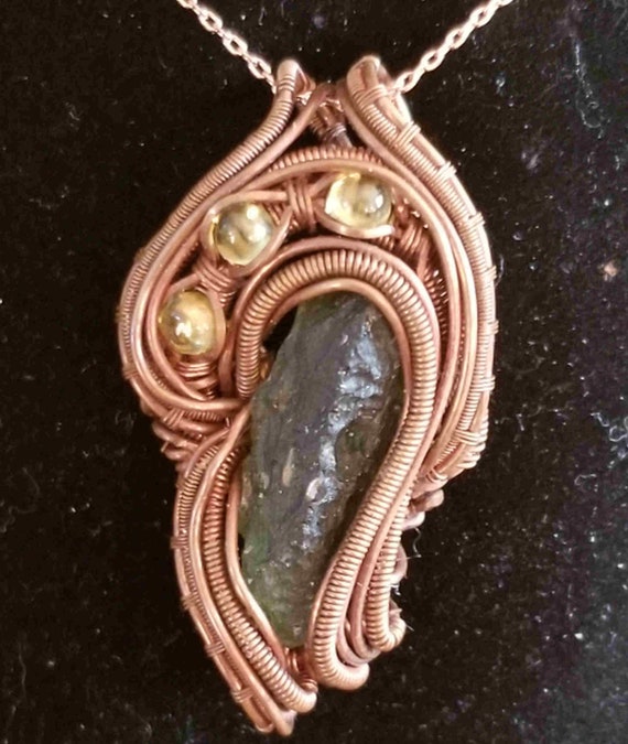 Copper Wire Wrapped Moldavite Pendant
