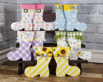 Bandeja escalonada de primavera, Botas de lluvia de madera, Botas de lluvia de primavera, Decoración de primavera, Bandeja escalonada con forma de bota de lluvia, Adornos para estantes, Decoración del hogar, Días lluviosos