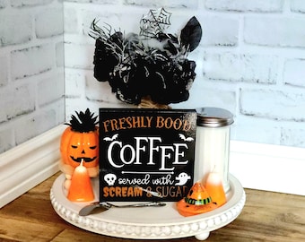 Letrero de café recién hecho, divertido letrero de Halloween, letrero de café, letrero de doble cara, letrero de cocina, decoración de bandeja escalonada, decoración de cafetería, 6x6
