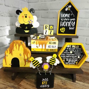 Bee Tiered Tray Decor,  Honey Bee Tiered Tray, Wood Bee Decor, Wood Bee Hive Decor, Bee Signs, Flying Bee Decor, Tiered Tray Decor, Gift