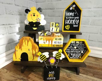 Bee Tiered Tray Decor,  Honey Bee Tiered Tray, Wood Bee Decor, Wood Bee Hive Decor, Bee Signs, Flying Bee Decor, Tiered Tray Decor, Gift