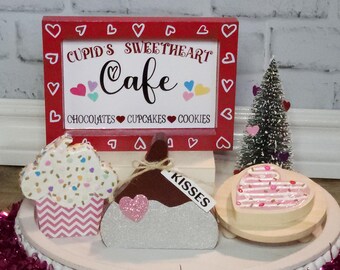 Cafetería Cupids Sweetheart, Decoración del Día de San Valentín, Bandeja escalonada de San Valentín, Letrero de Cafe Cupid, Beso, Cupcake, Galleta de Azúcar con Forma de Corazón, Juego o Individual