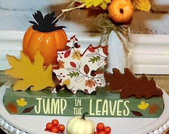 Hojas de otoño, Decoración de otoño de madera, Salta entre las hojas, Juego de 4 piezas, Decoración de bandeja escalonada de otoño, Decoración de otoño, Decoración de repisa, Estantes