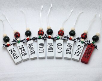 Adornos de reno con nombre, adornos navideños, adornos pequeños de reno, Navidad rústica, nombres de reno, Navidad, juego de 9