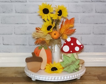 Miniaturas de otoño, minidecoración de madera para otoño, juego de 4, calabaza, hongo, bellota, hoja de arce, bandeja escalonada de otoño, decoración otoñal, minidecoración, soportes para estanterías