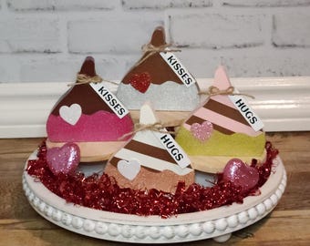 Valentine's Day Decor, Valentine's Day Tiered Tray Set, Valentine's Kisses and Hugs, Wood Candy Kisses, Tiered Tray Decor, Shelf Sitter