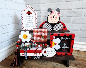Ladybug Tiered Tray Decor, Wood Ladybug Decor, Wood Flower Decor, Ladybug Signs, Polka-dot Decor, Tiered Tray Decor, Spring and Summer Decor