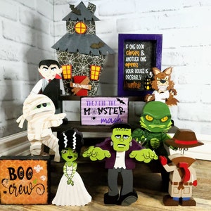Monster Mash Tiered Tray Decor, Halloween Tiered Tray, Dracula, Wolfman, Mummy, Creature from the Black Lagoon, Halloween Signs, Shelf Decor