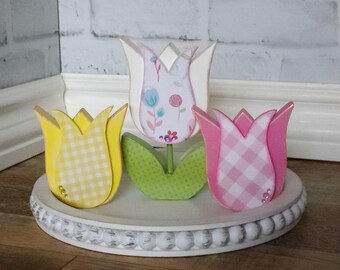 Bandeja escalonada de primavera, tulipán de madera, juego de 3 piezas, estante de primavera, bandeja escalonada, recorte de madera, independiente