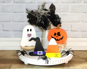 Miniaturas de Halloween, Mini decoración de madera para Halloween, Juego de 4, Fantasma, Sombrero de bruja, Maíz dulce, Jack-O-Lantern, Decoración de Halloween, Decoración de bandeja escalonada, Otoño