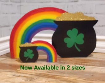 Olla de oro con arcoíris, decoración del Día de San Patricio, decoración de olla de oro, decoración de arcoíris, estante, maceta del Día de San Patricio, 2 tamaños disponibles