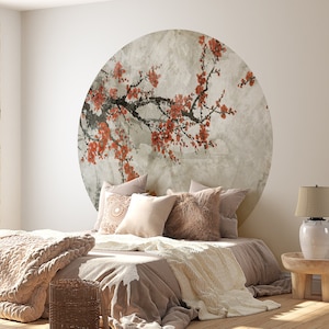 Floral Wall decal, Removable decal, Round Wallpaper, Asian Art print, Circle Decal, wall Art, Peel n Stick | circular wallpaper, chnoiserie