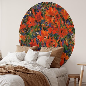 Floral Wall Decal, Round wallpaper, Asian Art decor, Home Deco, Wall Art decor, Removable decal, circle wallpaper, bedroom deco, vintage art