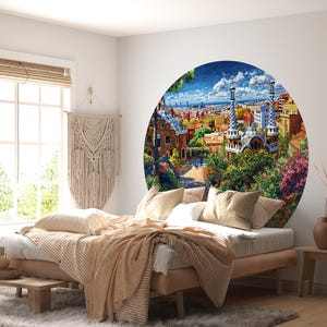 Cityscape Round Wallpaper, Peel n Stick, Wall Art, Circle sticker, Removable decal, Boho Home Decor, Landmark, dot wallpaper, city view