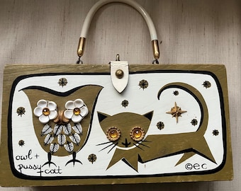 Vintage 1966 Enid Collins of Texas Owl and Pussy Cat Wood Box Bag