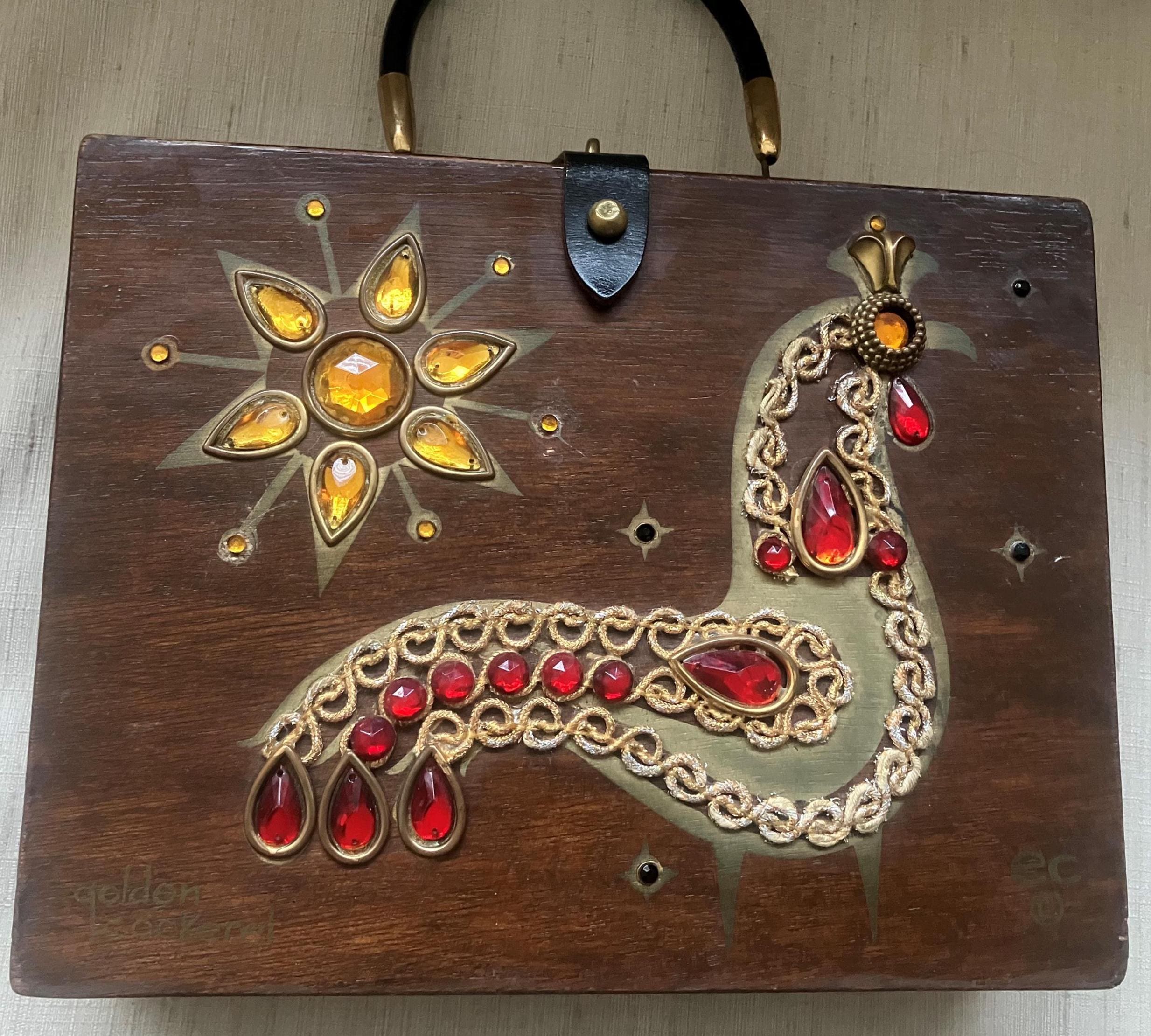 Vintage Enid Collins of Texas Golden Cockerel wooden box bag 1964