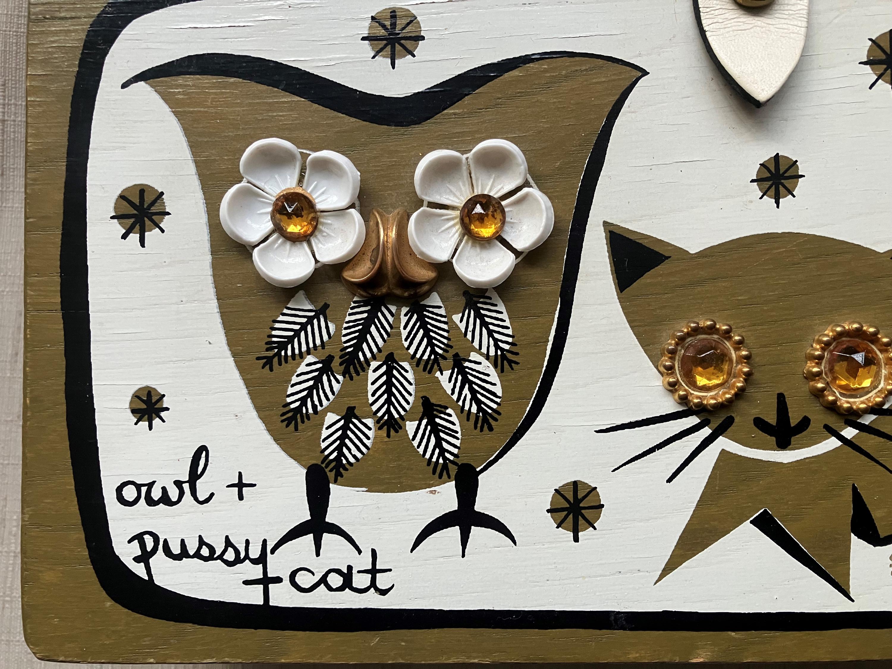 Vintage 1966 Enid Collins of Texas Owl and Pussy Cat Wood Box Bag