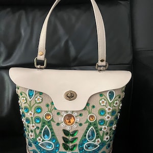 Enid Collins of Texas Turquoise and White, Linen and Leather Tote Pavan