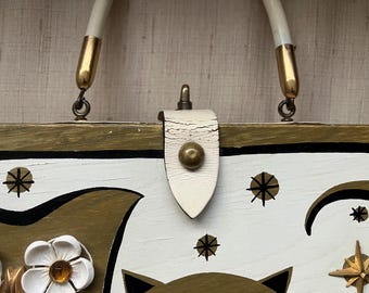 Vintage 1966 Enid Collins of Texas Owl and Pussy Cat Wood Box Bag
