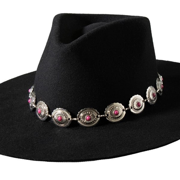 Silver Concho Chain Hat Band Pink Stone