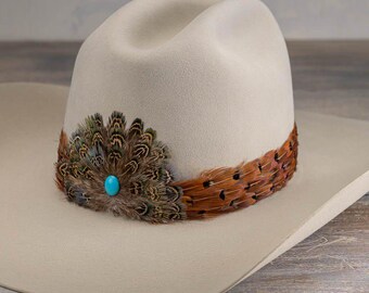 Turquoise Feather Hat Band, Western Leather Hat Band  display picture 1