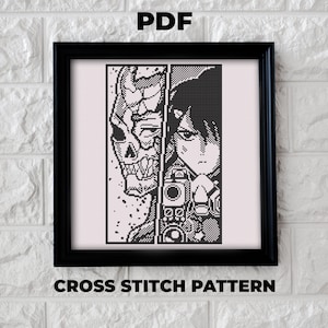Könnte beinhalten: Schwarzweißes Kreuzstichmuster mit einem Schädel und einem Mädchen mit einer Pistole. Das Muster ist in einem schwarzen Rahmen mit dem Wort "PDF" oben und "CROSS STITCH PATTERN" unten gerahmt.