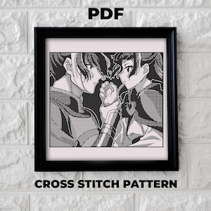 May include: Black framed cross stitch pattern featuring two anime-style figures holding hands. The artwork is in grayscale, with detailed pixelated shading. The text "PDF" is at the top, and "CROSS STITCH PATTERN" is at the bottom.