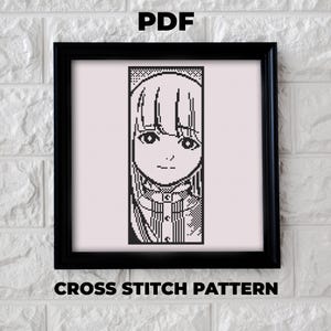 May include: Black and white cross stitch pattern of a girl with long hair and a collared shirt. The pattern is in a black frame with the words "PDF" and "CROSS STITCH PATTERN" printed below the frame.