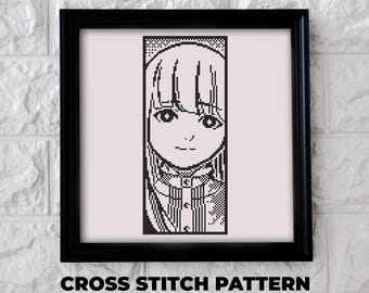 May include: Black and white cross stitch pattern of a girl with long hair and a collared shirt. The pattern is in a black frame with the words "PDF" and "CROSS STITCH PATTERN" printed below the frame.