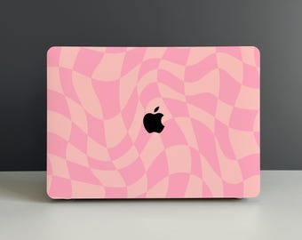 ピンク サイケデリック チェック柄 ハードカバー MacBook ケース、MacBook Pro 16 Mac M1 M2 M3 A2337 A2681 A2338、MacBook Air 13/15 MacBook Pro 13/14/15 カバー