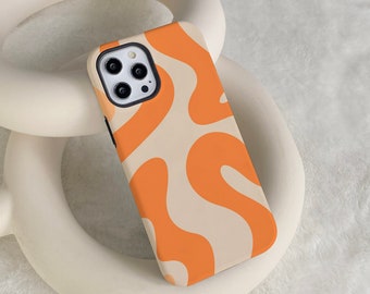 Może przedstawiać: Etui na telefon z abstrakcyjnym wzorem w kolorze białym i pomarańczowym. Etui ma wycięcie na obiektyw aparatu.