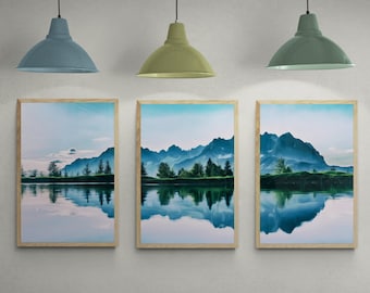 Blue Mountains Wall Art, Landscape Art, Printable Wall Art, Set of 3 Prints, Nature Art, Lake Wall Art, Mountain Poster, Digital Download