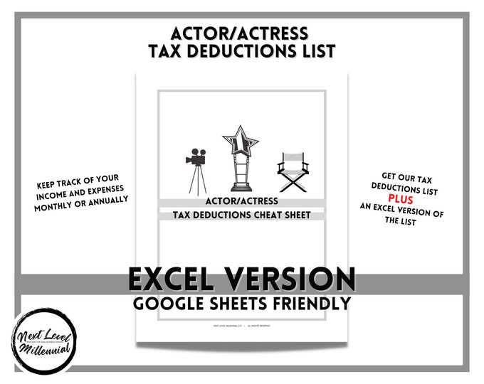 Actor/actress | Excel + Tax Cheat Sheet | Deductible Expenses | Save ...