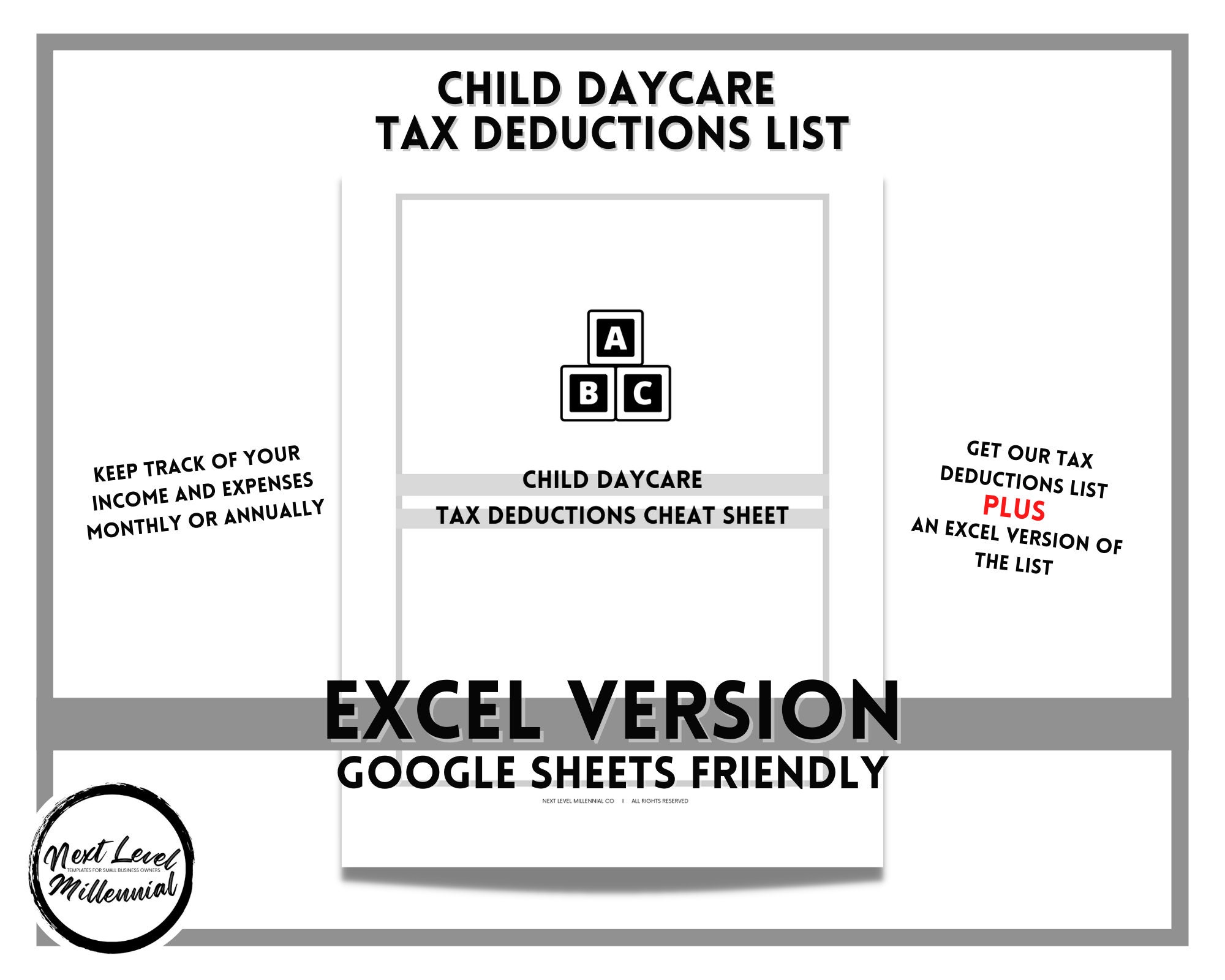 Child Daycare Excel Tax Cheat Sheet Deductible Expenses Etsy