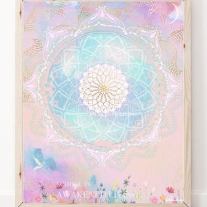 May include: A pastel pink and blue mandala with a white and gold flower in the center. The mandala is surrounded by a white frame with the text "School of Awakened Living" at the bottom.