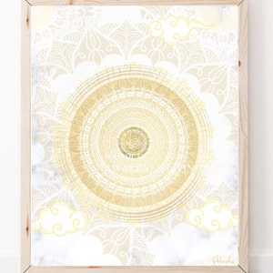 Om Peace Gong Sound Healing Art Print ※ Mandala Tibetan Buddhist Poster ※ White Gold Zen Art Print ※ Kundalini Yoga Art ※ Kid&#39;s Room Decor