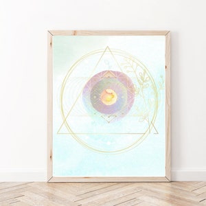 May include: A watercolour painting of a geometric design with a circle, triangle, and lines in gold. The design is on a light blue background with a watercolour wash of pink and purple.