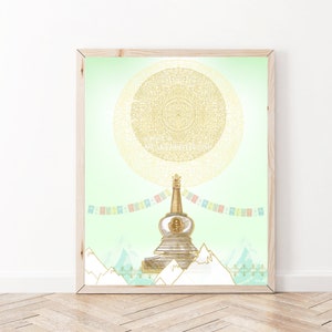Könnte beinhalten: Eine digitale Illustration eines goldenen Stupas mit einem Mandala darüber, umgeben von Gebetsfahnen und Bergen. Der Hintergrund ist hellgrün.