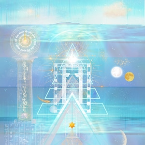 May include: A digital artwork featuring a blue and white colour scheme. The image depicts a pyramid with a star at its apex, a clock face, and hieroglyphics. The artwork has a celestial theme.